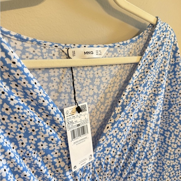 Mango MNG • NWT Blue & White Daisy XXL A Line V Neck Midi Dress Pleated Detail - Picture 7 of 11